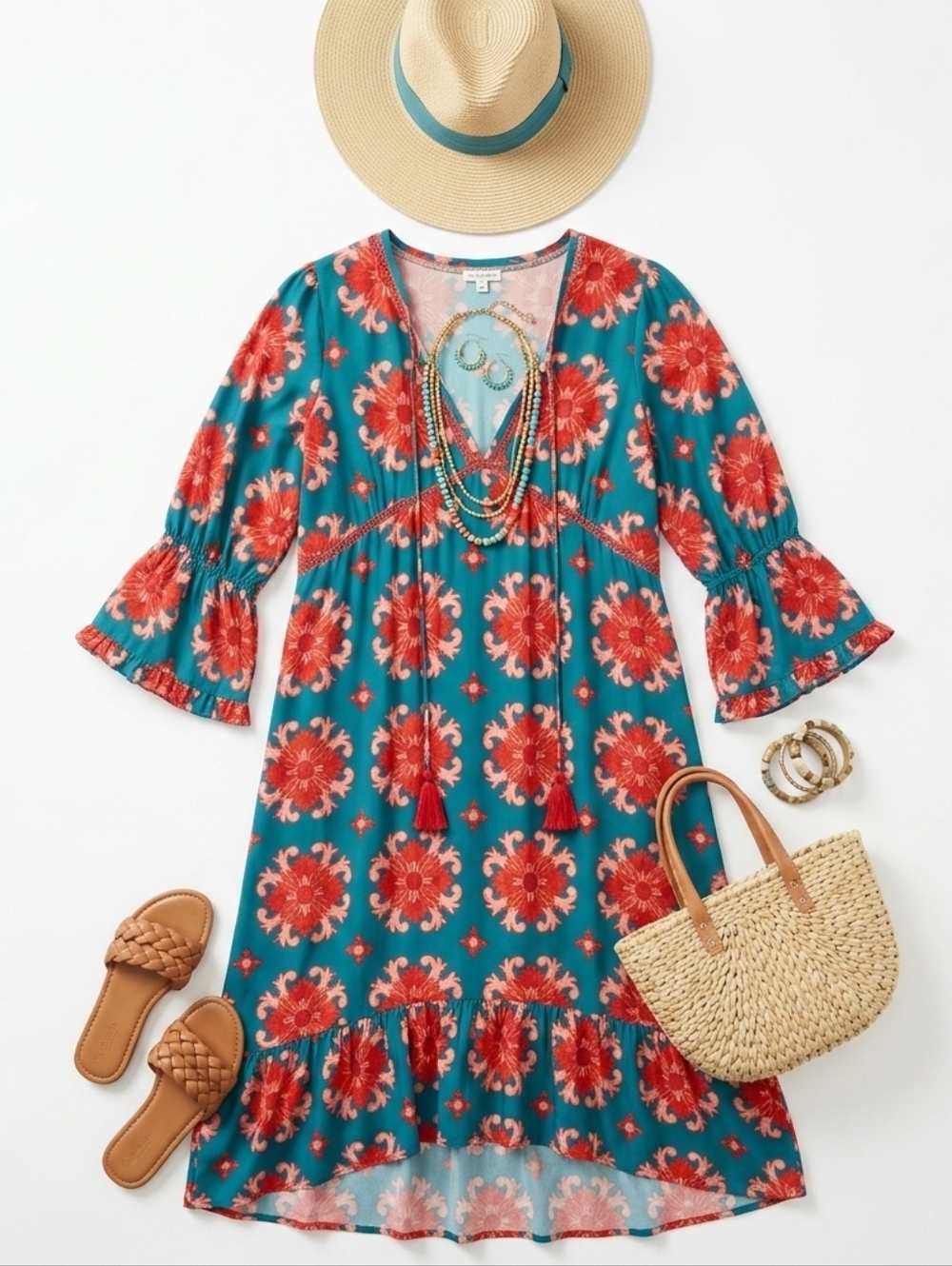 Moda Posa Silky Printed Puff Sleeve Tiered Maxi Dress